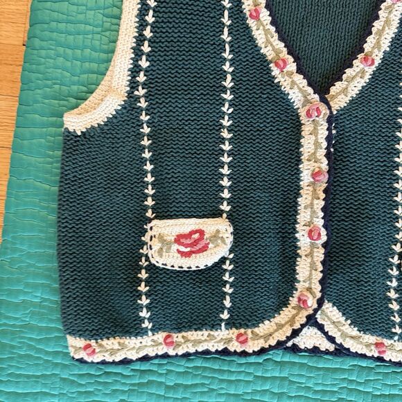 Vintage Erika Floral Embroidered Vest Women L Green Roses Cotton Cottagecore 90s - Picture 11 of 16